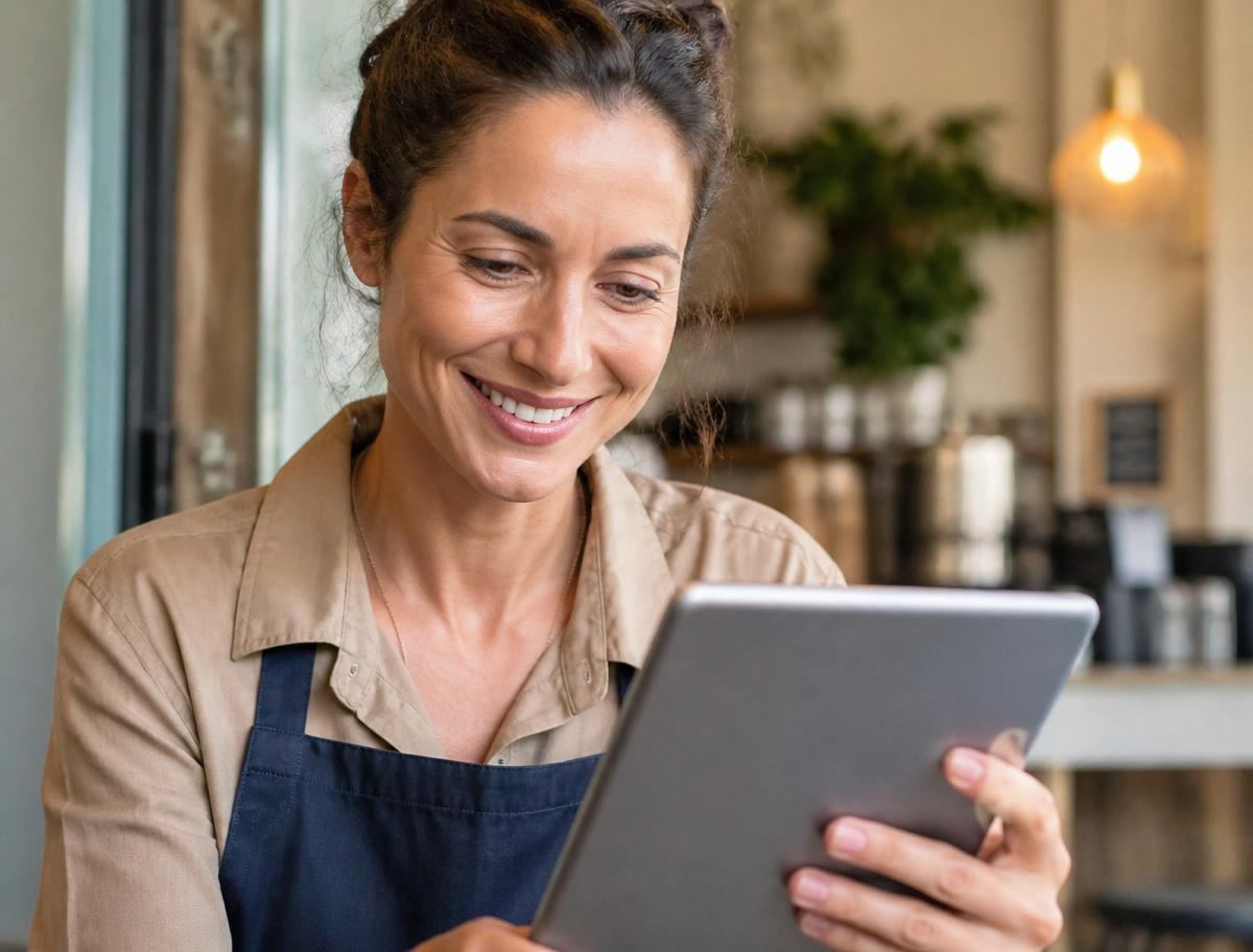 Small business owner reading customer reviews on a tablet